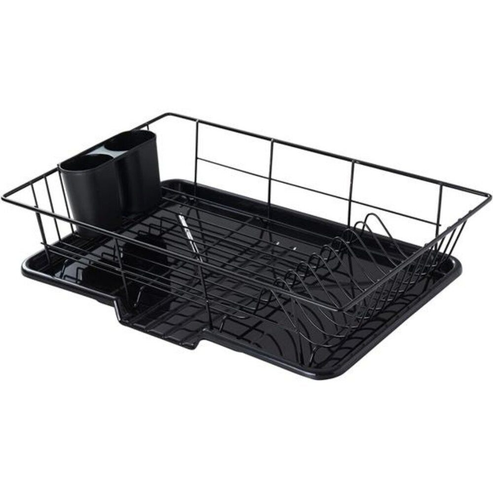 Black 3 Piece Dish Drying Rack Set with Cutlery Holder Drip Tray for Kitchen